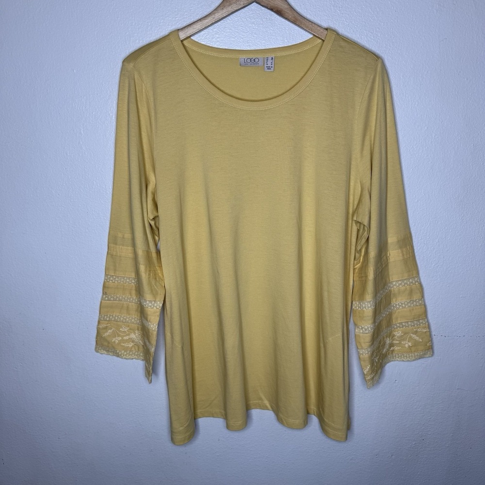 Logo‎ By Lori Goldstein Yellow Lace Embroidered Sleeve Top Shirt Womens Large